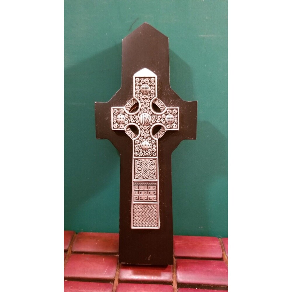Vintage Pewter IHS Celtic Cross mounted on Black Wood by McVan 8"x3.38"